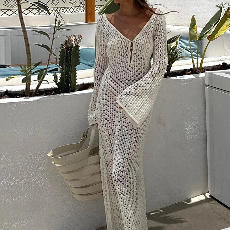 FashionSierra - Hollow Out Knitted Backless V Neck Long Dresses Elegant Summer Holiday Outfits Maxi Dress