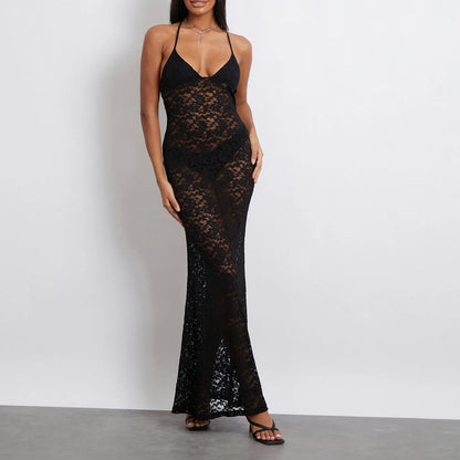 FashionSierra - See Through Backless Black Spaghetti Strap Sleeveless Club Party Long Maxi Dress