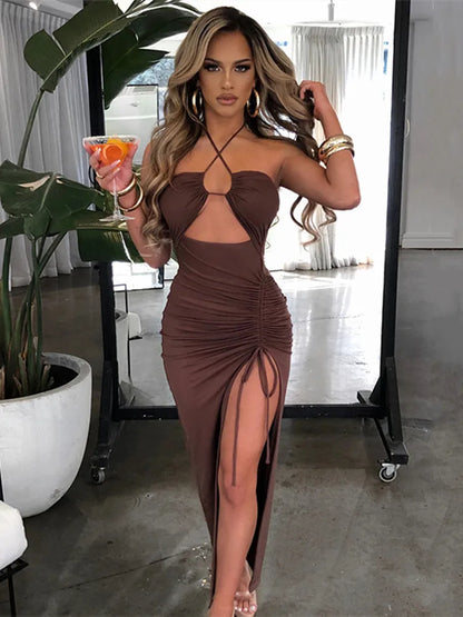 FashionSierra - Bodycon Slit Hollow Out Cross Halter Backless Long Maxi Party Evening Gown Midi Dress