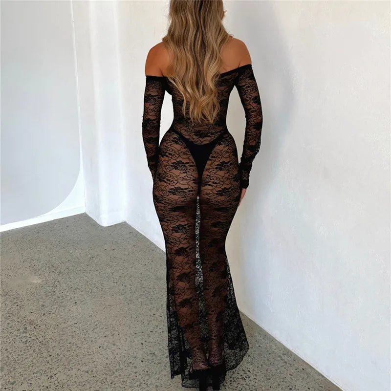 FashionSierra - Women’s Slim Long Dress Sheer Lace Flower See Through Long-sleeve Off Shoulder Maxi Dress