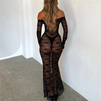 FashionSierra - Women’s Slim Long Dress Sheer Lace Flower See Through Long-sleeve Off Shoulder Maxi Dress