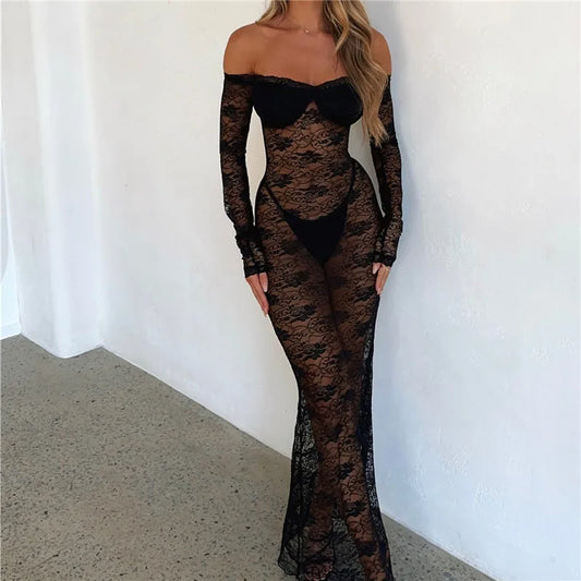 FashionSierra - Women’s Slim Long Dress Sheer Lace Flower See Through Long-sleeve Off Shoulder Maxi Dress