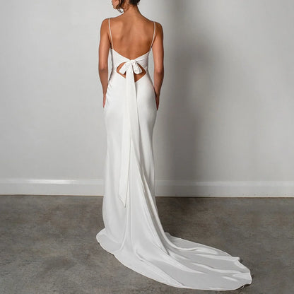 FashionSierra - Mermaid Wedding Dress Spaghetti Straps High Slit Satin Backless Plain Bridal Gown Maxi Dress