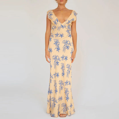 FashionSierra - Long Fashion Sleeveless V-neck Backless Flower Print Summer Maxi Vacation Party Midi Dress