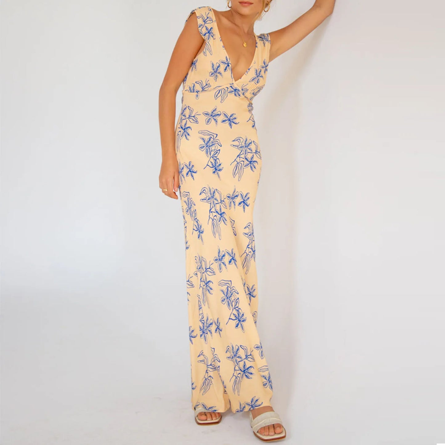 FashionSierra - Long Fashion Sleeveless V-neck Backless Flower Print Summer Maxi Vacation Party Midi Dress