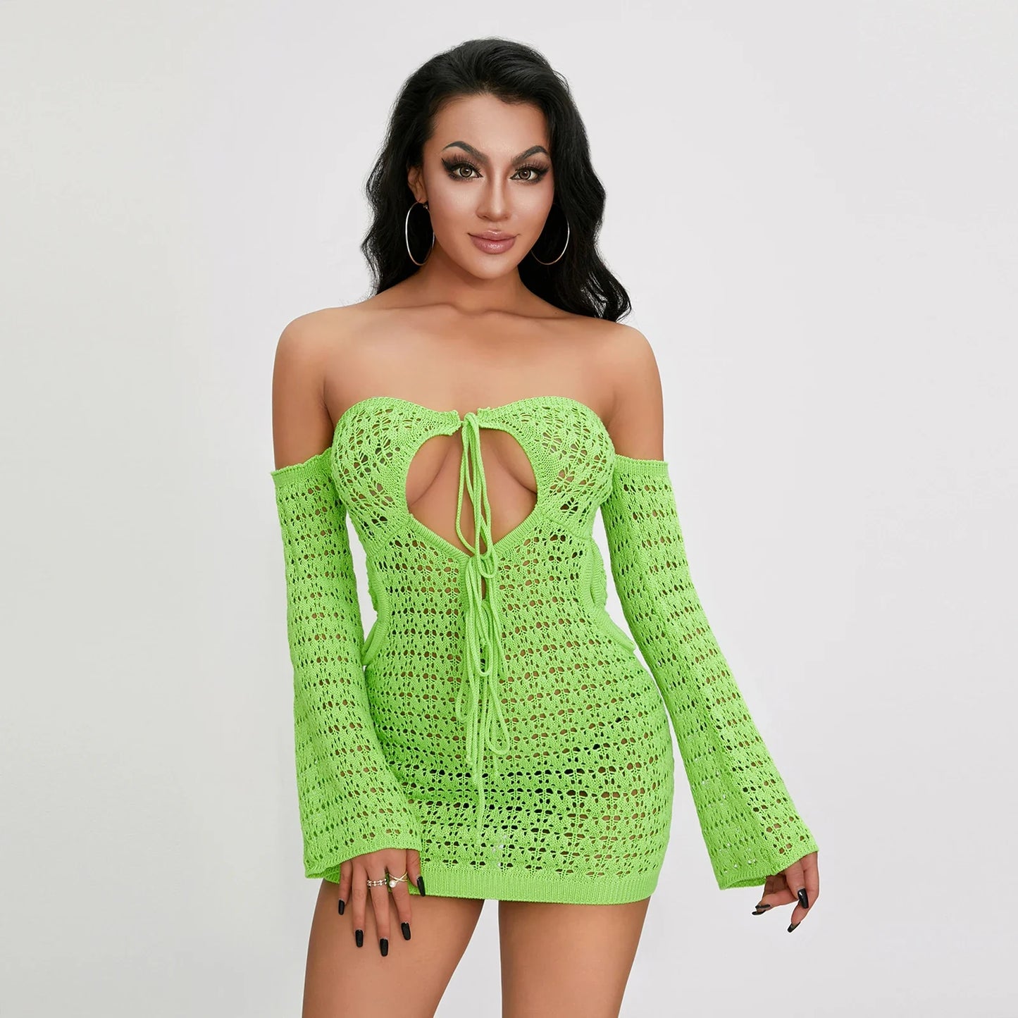 FashionSierra - Women Knitted Crochet Knit Hollow Out Sun Long Sleeve Drawstring Tie Up Beach Clubwear Mini Dress