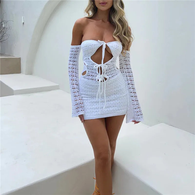 FashionSierra - Women Knitted Crochet Knit Hollow Out Sun Long Sleeve Drawstring Tie Up Beach Clubwear Mini Dress