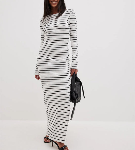 FashionSierra - Women Knit Long Sleeve Crew Neck Striped Slit Fall Winter Club Midi Dress