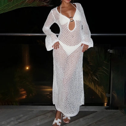 Long Sleeve Backless Hollow Out See Through Beach Bikini Swimsuit Maxi Dress