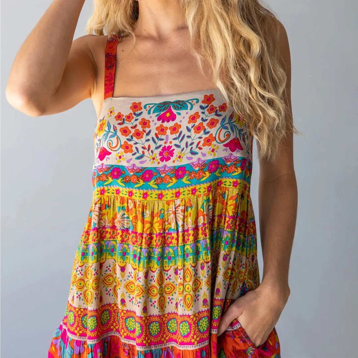 FashionSierra - Women Colorful Graffiti Floral Ruffle Cami Summer Boho Flowy Spaghetti Strap Maxi Sun Midi Dress