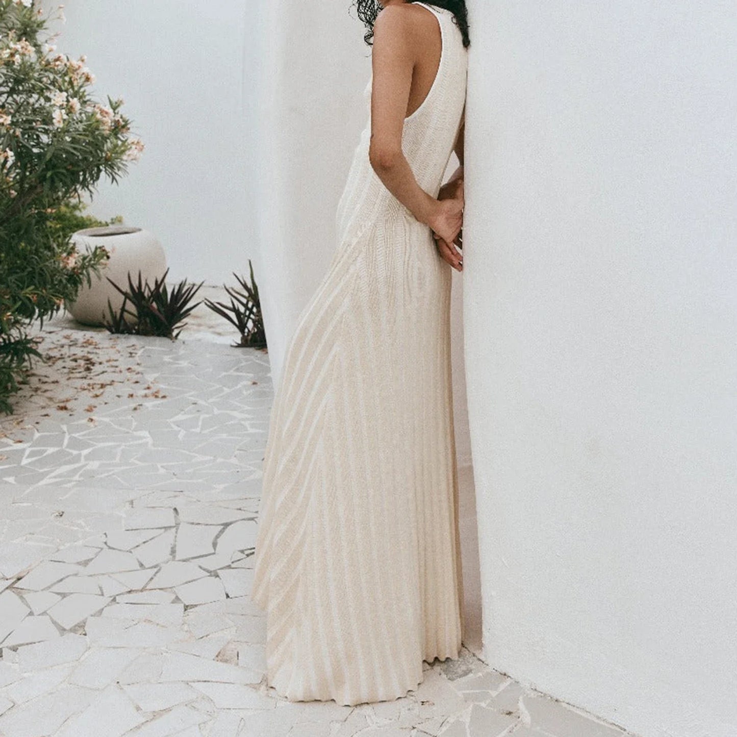 FashionSierra - Hollow-Out Sleeveless Vertical Striped Ribbed Knit Summer Club Party Maxi Dress