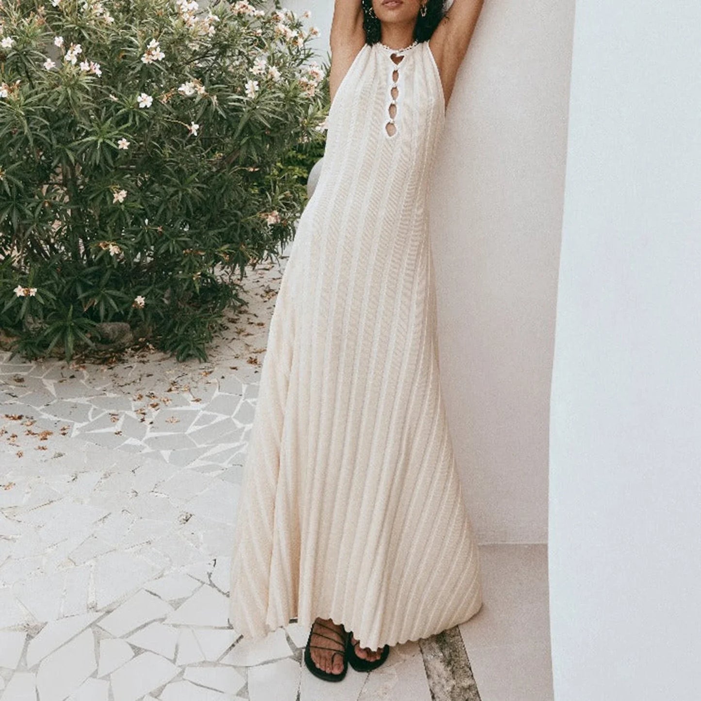 FashionSierra - Hollow-Out Sleeveless Vertical Striped Ribbed Knit Summer Club Party Maxi Dress