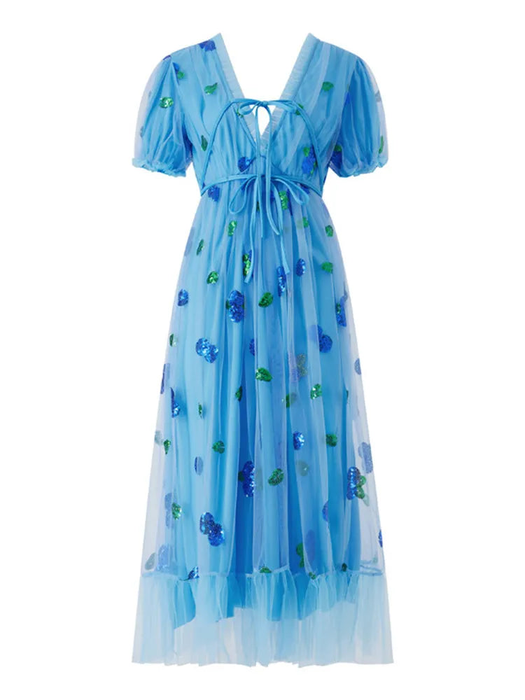 Short Sleeve V Neck Tie-up Front High Waist Fruit Sequins Ruffle Tulle Hem Princess Maxi Dress