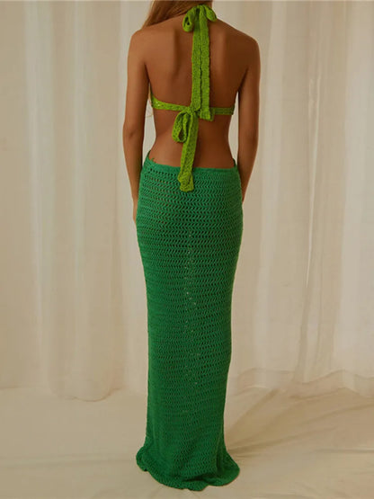 FashionSierra - Cutout Knitted Long Crochet Backless Spaghetti Strap Bodycon Maxi Dress