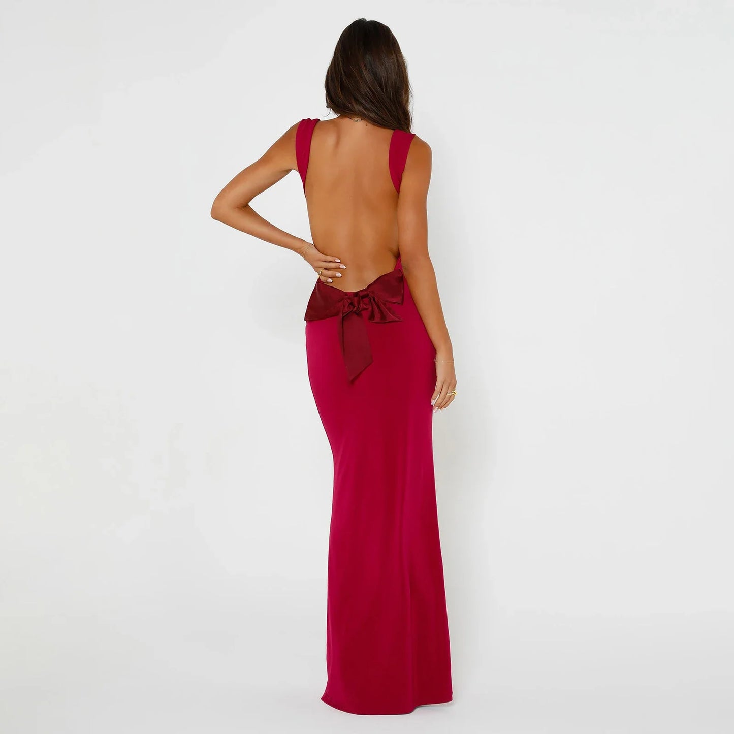 FashionSierra - Women Backless Bodycon Spring Scoop Neck Bow Tie Open Back Party Cocktail Maxi Dress