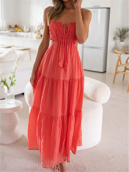 FashionSierra - Women Summer Boho Cutout Tiered Flowy Tie Back Beach Sundress Maxi Dress