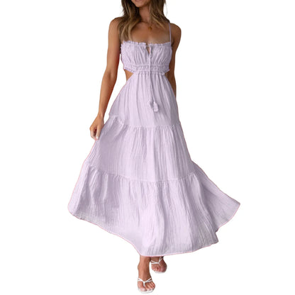 FashionSierra - Women Summer Boho Cutout Tiered Flowy Tie Back Beach Sundress Maxi Dress