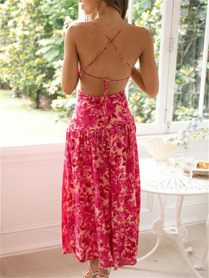 FashionSierra - Women Summer Floral Print Spaghetti Strap Cross Tie-Up Backless Slit Maxi Dress