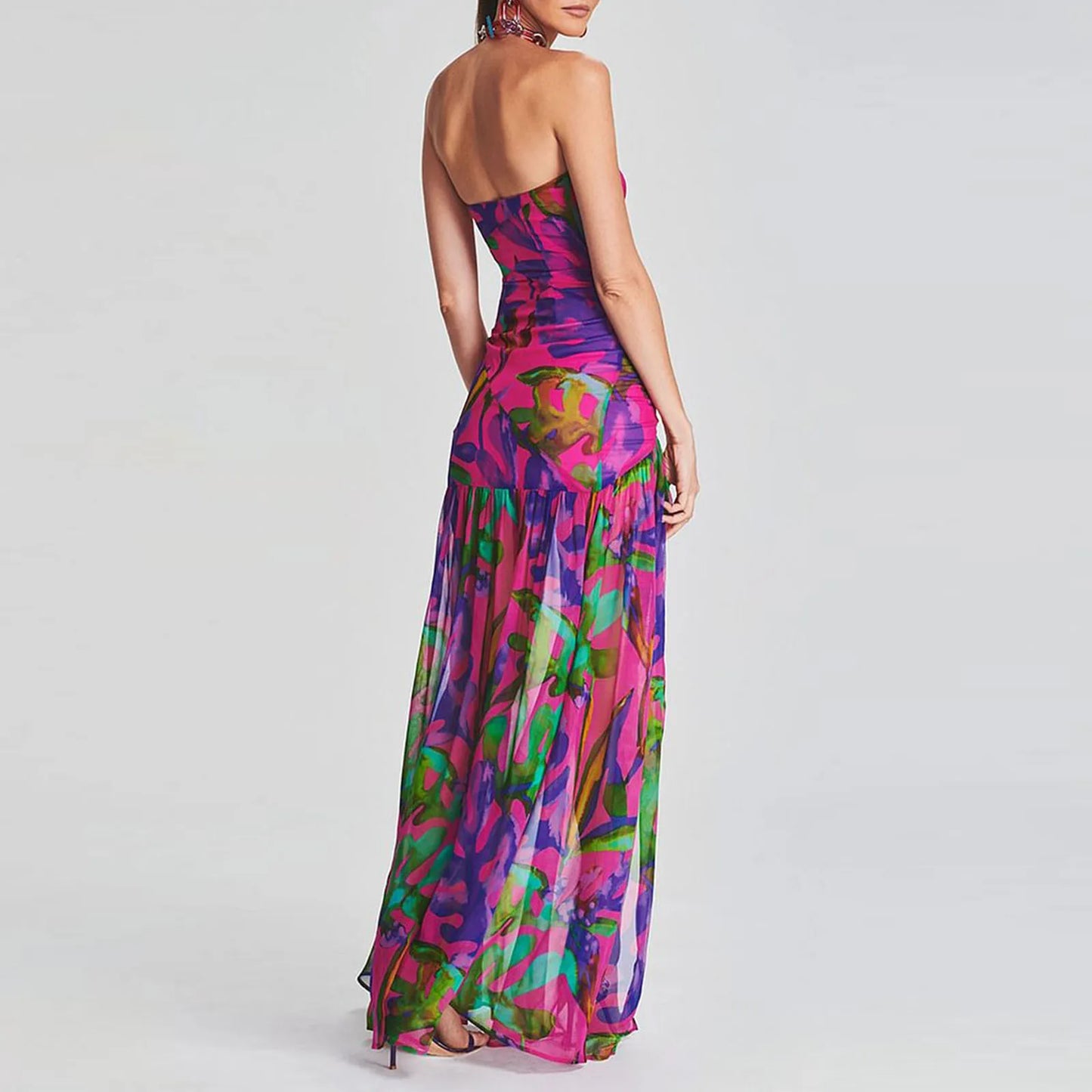 FashionSierra - Women Tube Top Dress Strapless Backless Mesh Patchwork Tropical Print High Slit Maxi Dress