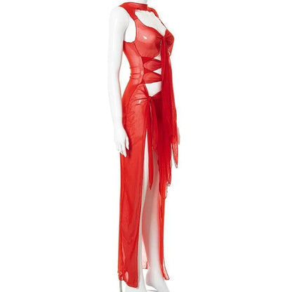 FashionSierra - Women's See Through Sleeveless Bodycon Sheer Mesh Backless Low Cut Hollow Out Split Long Midi Dress