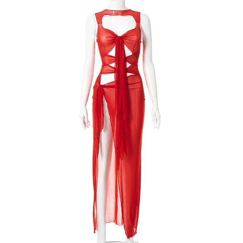 FashionSierra - Women's See Through Sleeveless Bodycon Sheer Mesh Backless Low Cut Hollow Out Split Long Midi Dress
