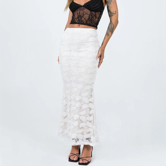 FashionSierra - Women's Sheer Skirt White Elastic Band Fitted Lace Floral Pencil Fairy Cottage Streetwear Midi Dress