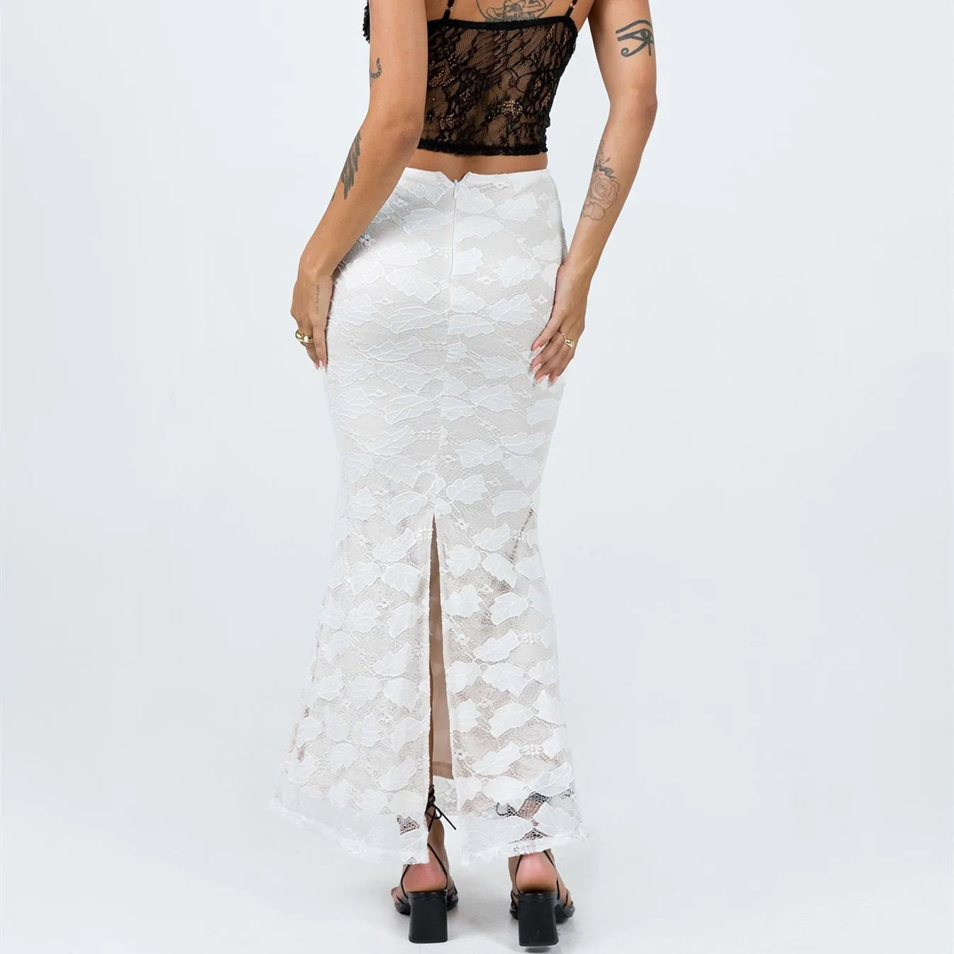 FashionSierra - Women's Sheer Skirt White Elastic Band Fitted Lace Floral Pencil Fairy Cottage Streetwear Midi Dress