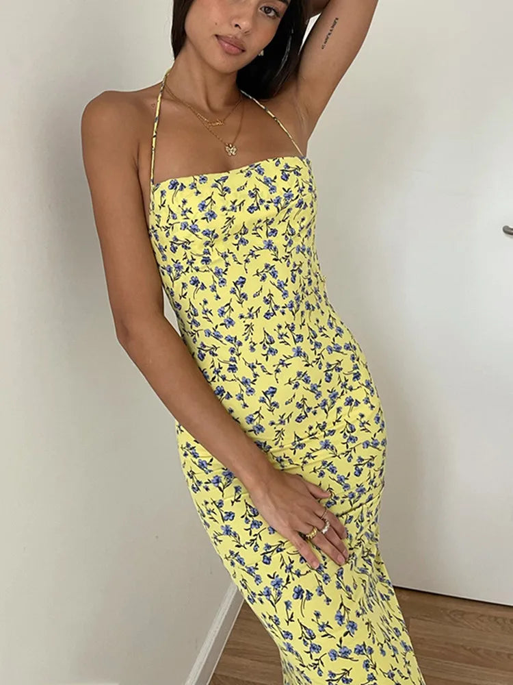 FashionSierra - Floral Print Spaghetti Strap Bodycon Maxi Deep V Neck Summer Streetwear Midi Dress