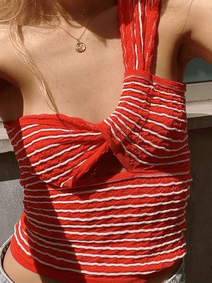 Knitted Stripe One Shoulder Tank Top Red / S Tops&Tees