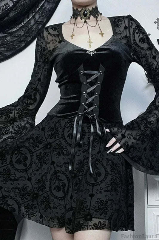 Lace Patchwork Halloween Gothic Dress Black / S