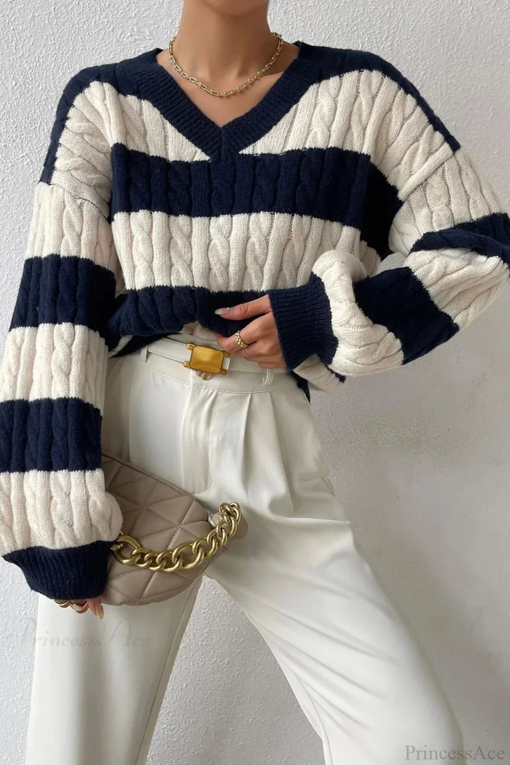 Lazy Loose V-neck Cable Knit Colorblock Stripe Sweater