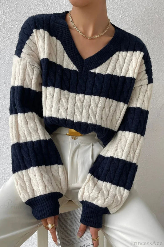 Lazy Loose V-neck Cable Knit Colorblock Stripe Sweater Navy blue / S