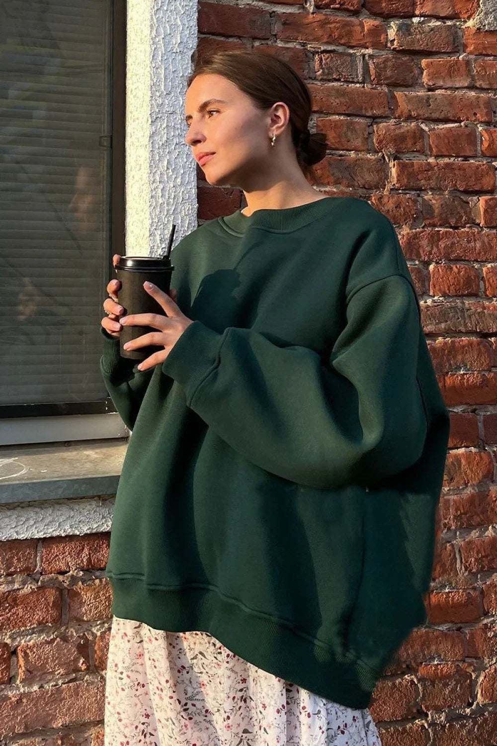 Minimalist Solid Crew Neck Oversize Sweatshirts Dark green / S