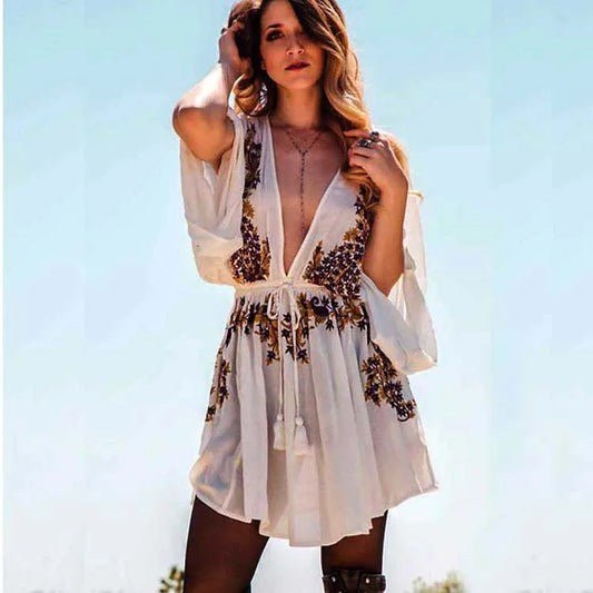 FashionSierra-New Floral Embroidery  2024 Summer  Vintage  Sexy  Beach  Deep V-neck  Long Sleeve  Party Boho Dress