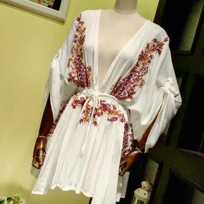 FashionSierra-New Floral Embroidery  2024 Summer  Vintage  Sexy  Beach  Deep V-neck  Long Sleeve  Party Boho Dress