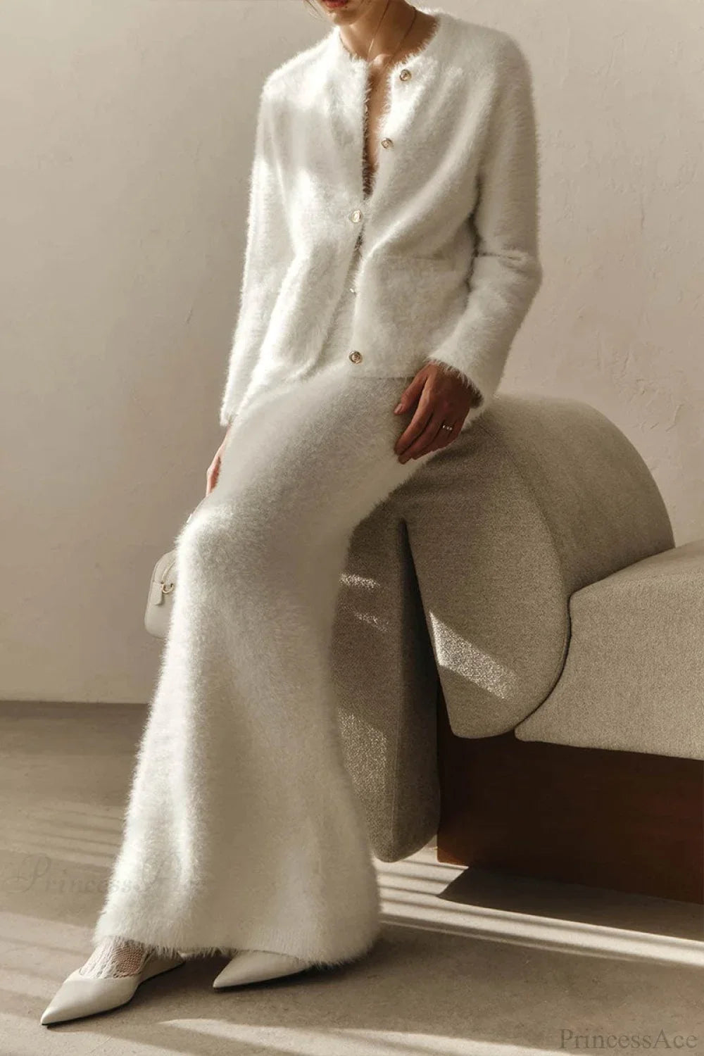 Plush Long Sleeve Single Breasted Open Front Two Piece Set