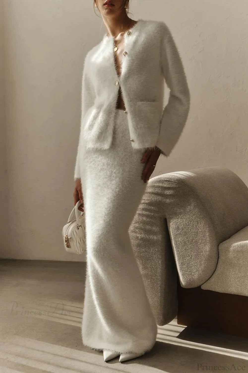 Plush Long Sleeve Single Breasted Open Front Two Piece Set White / S