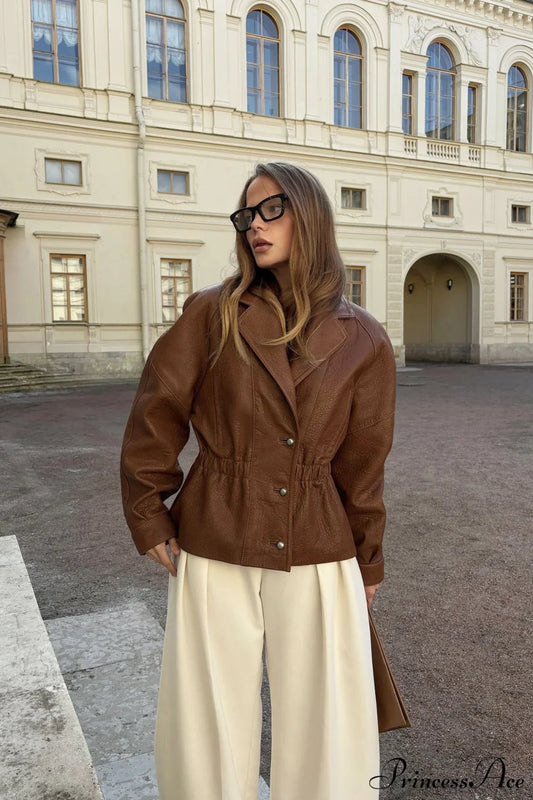 PU Leather Blazer Collar Slim Coat
