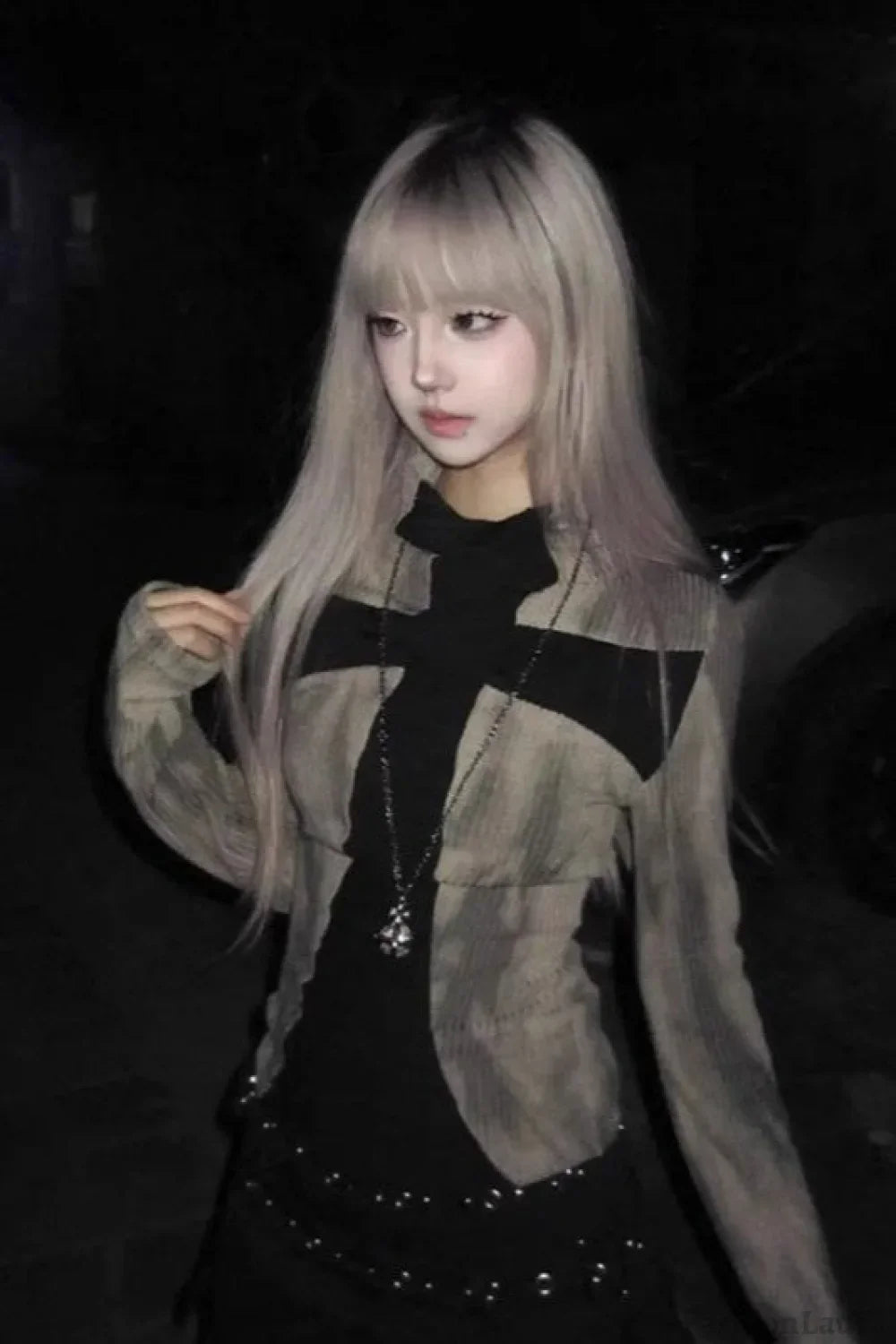 Punk Cross Contrast Long Sleeve T-Shirt Brown / S
