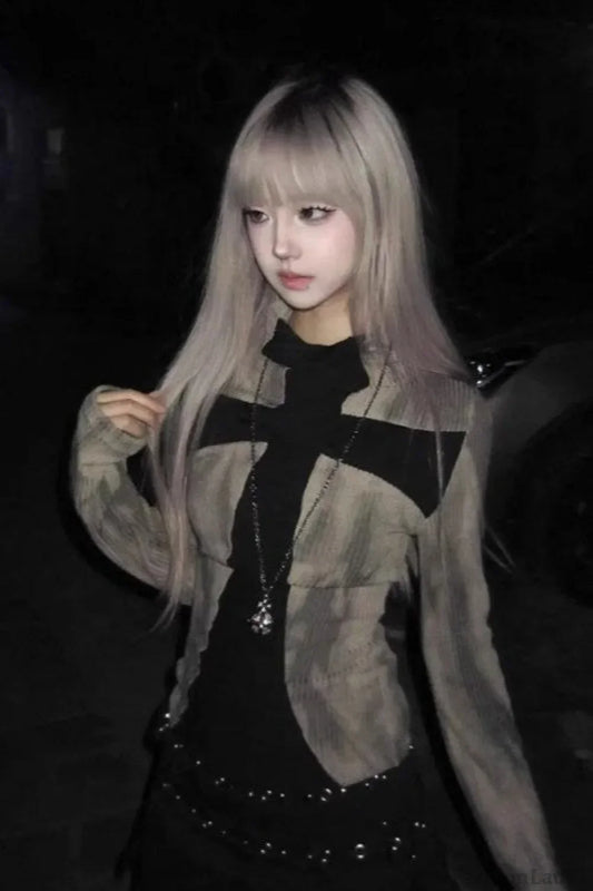 Punk Cross Contrast Long Sleeve T-Shirt Brown / S