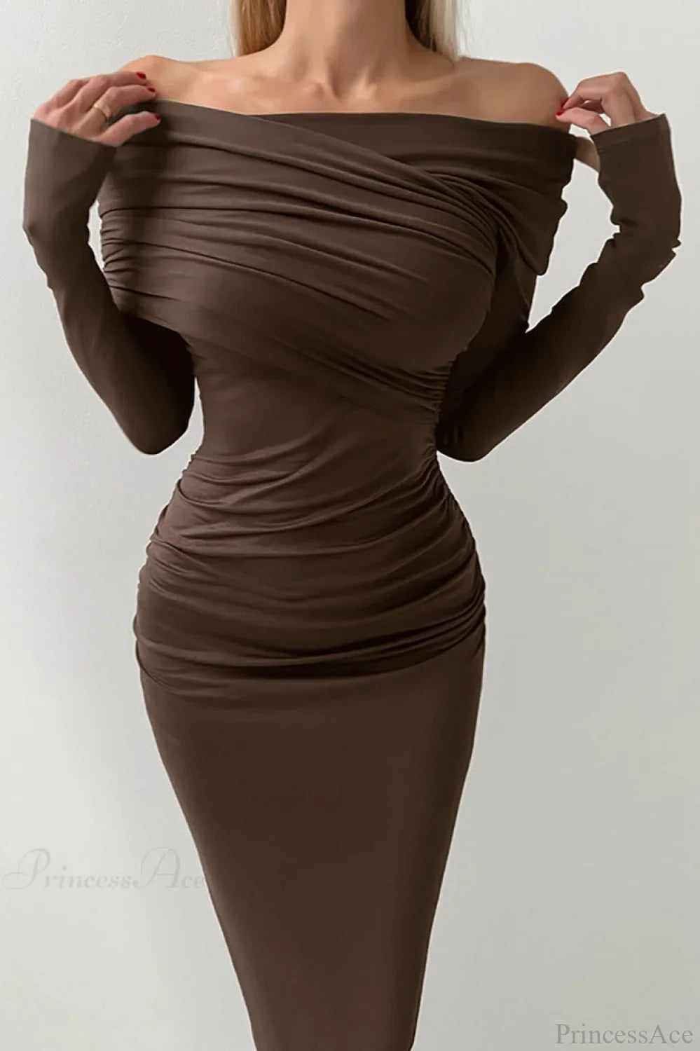 Sheath Off Shoulder Sleek Maxi Dress Brown / S