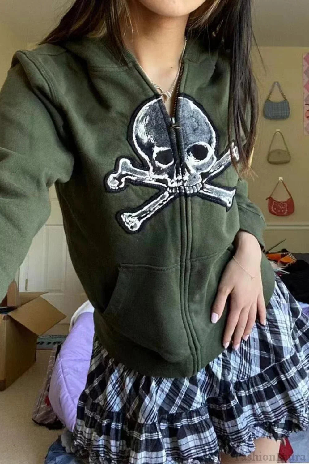 Skull Print Zip Up Hoodie Army Green / S