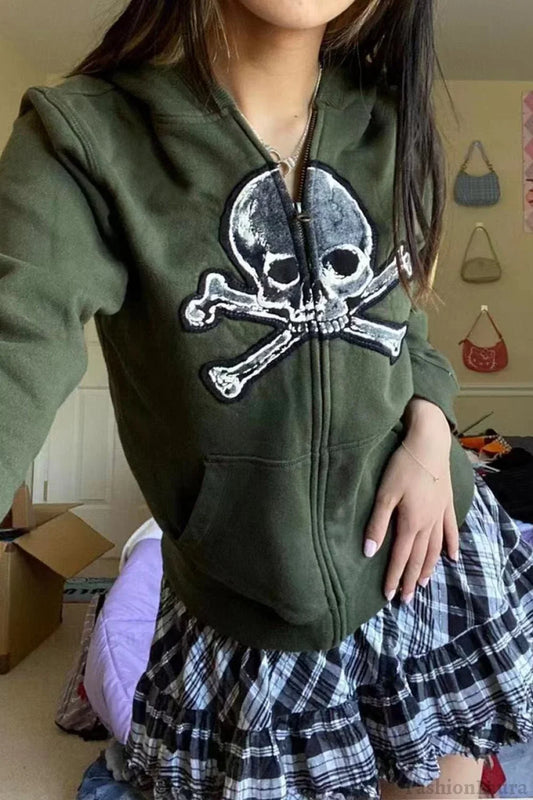 Skull Print Zip Up Hoodie Army Green / S