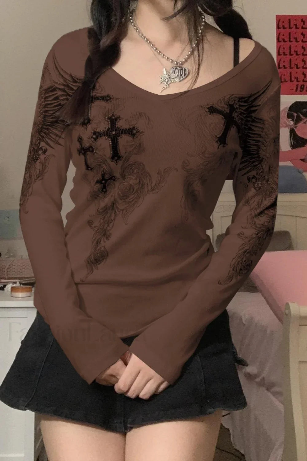 Slim Fit Printed Round Neck T-Shirt Brown / S