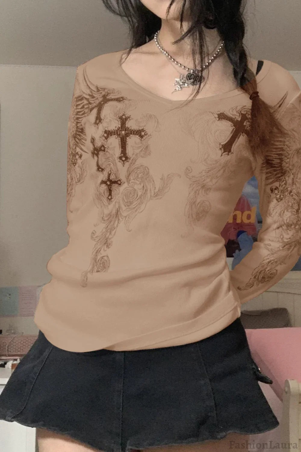 Slim Fit Printed Round Neck T-Shirt Khaki / S
