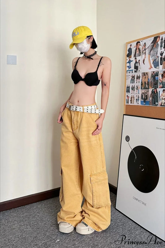 Slouchy Loose Straight Leg Cargo Denim Pants Yellow / S