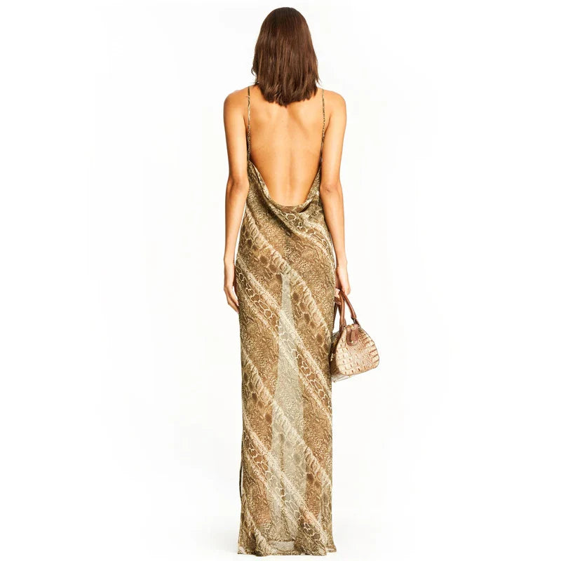 FashionSierra - Snake Print Chiffon Women Long Party Slip Maxi Sheer Strap Backless Slit Elegant Autumn Clothes Midi Dress