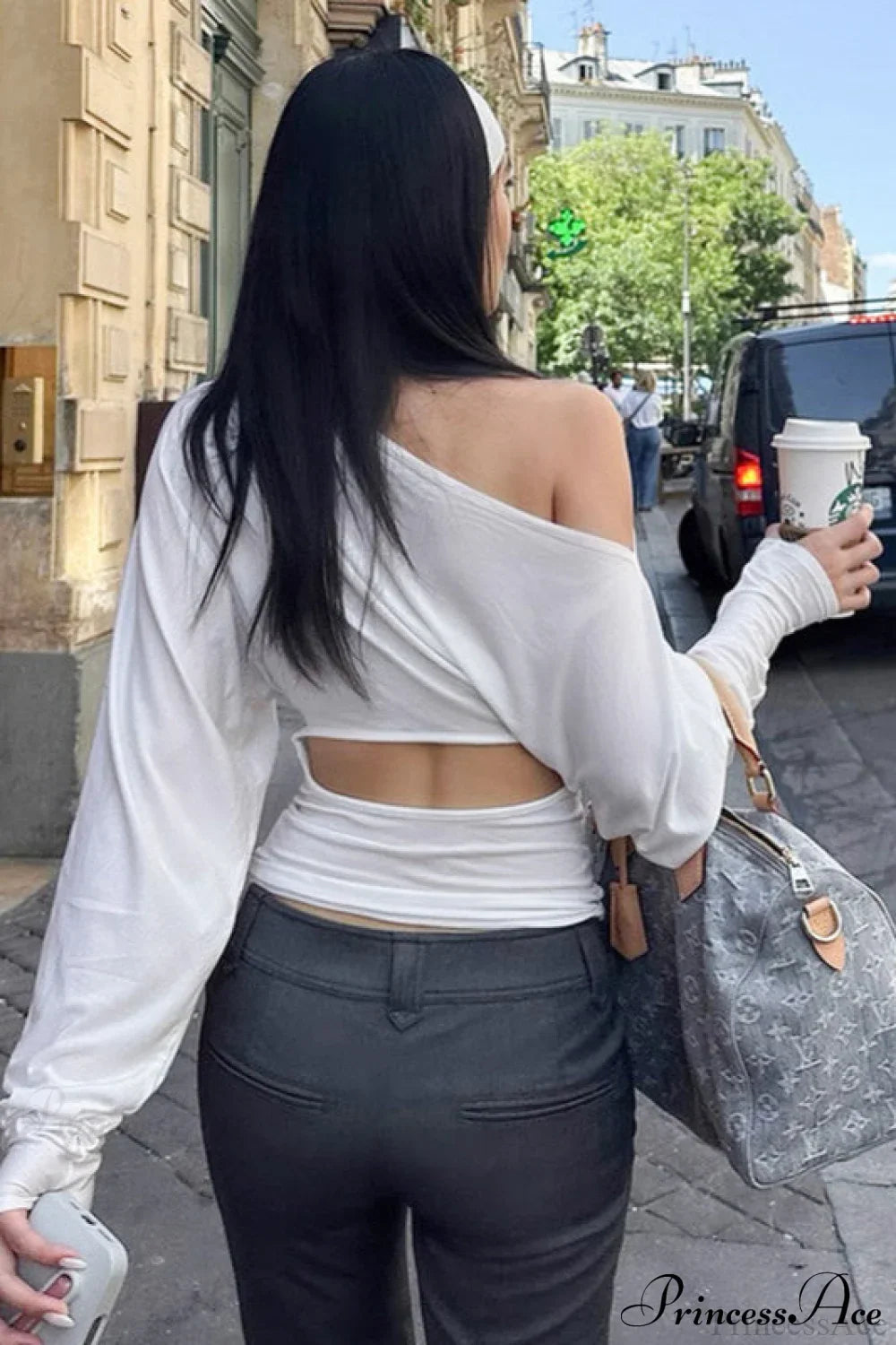 Solid Color Asymmetric Shoulder Cutout Long Sleeve Blouse
