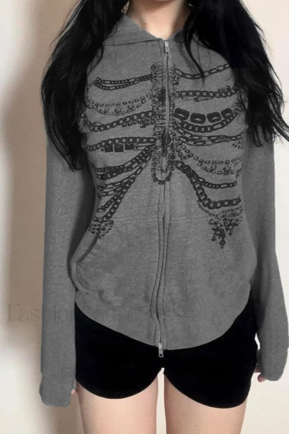 Street Style Chain Skeleton Hoodie Grey / S