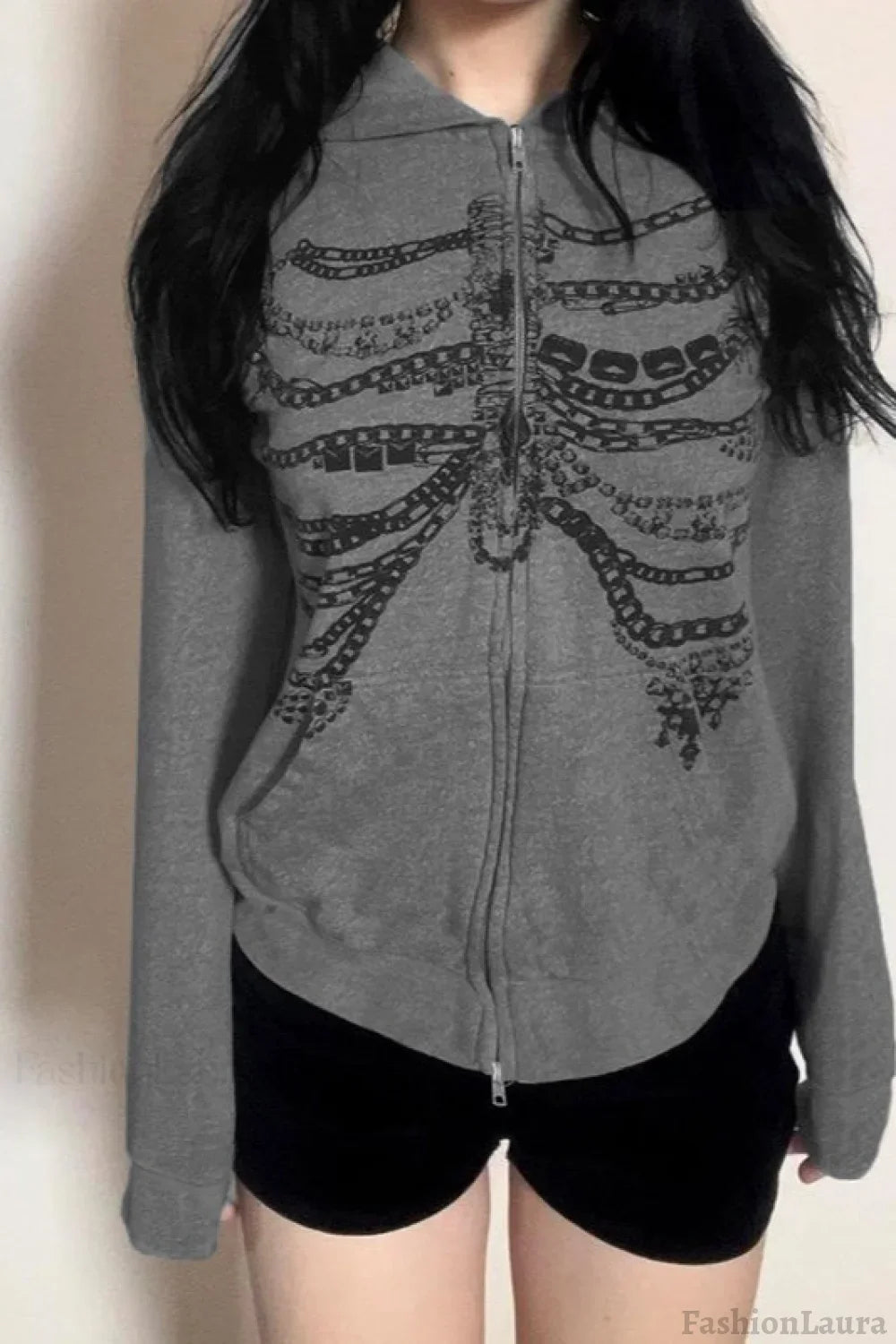 Street Style Chain Skeleton Hoodie Grey / S